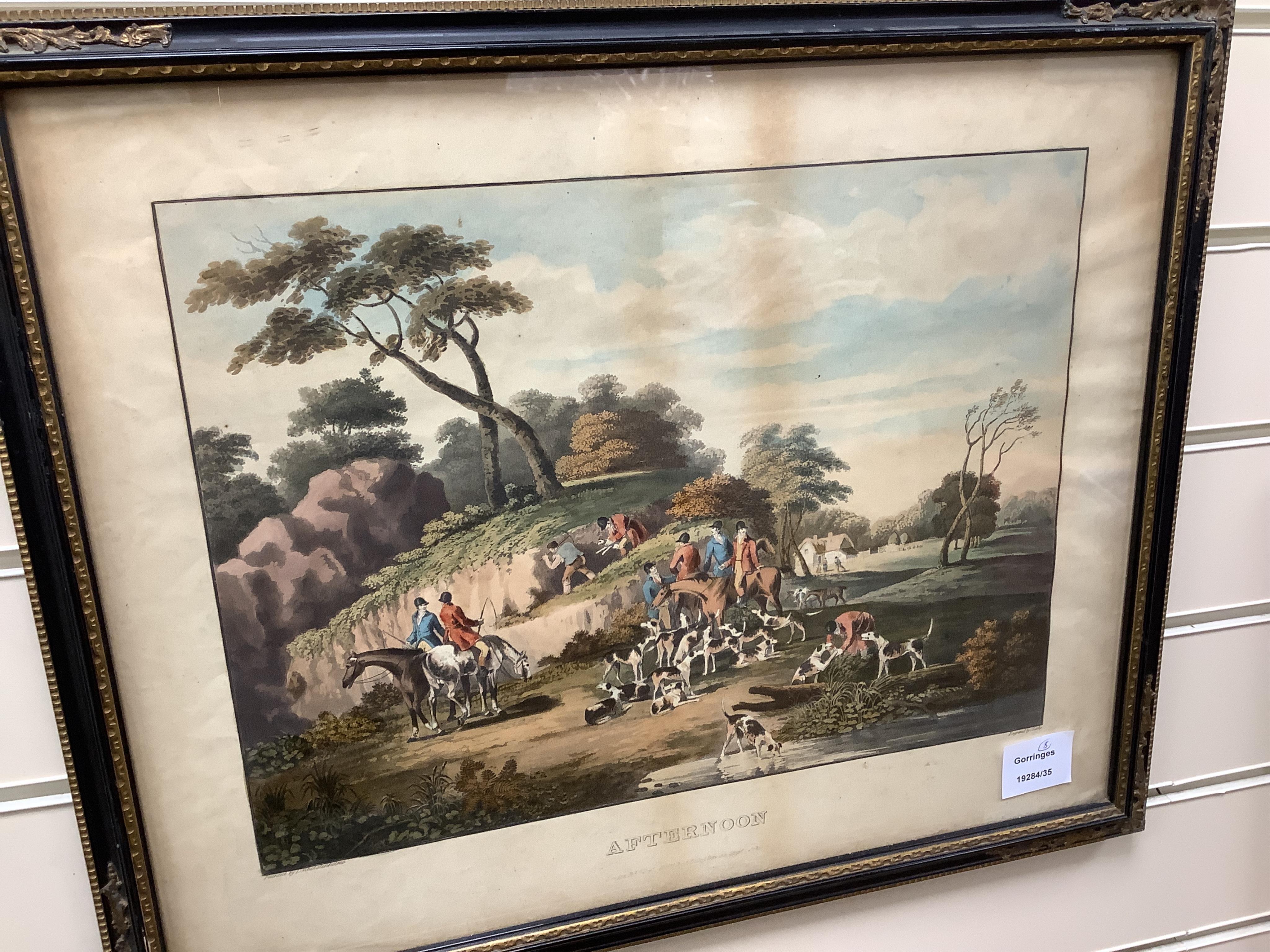 After Dean Wolstenholme (1757-1837) and Edward Hull, eight hunting interest lithographs to include: 'Unkenneling', 'Breaking cover', 'Morning' and 'Afternoon', 32 x 42cm